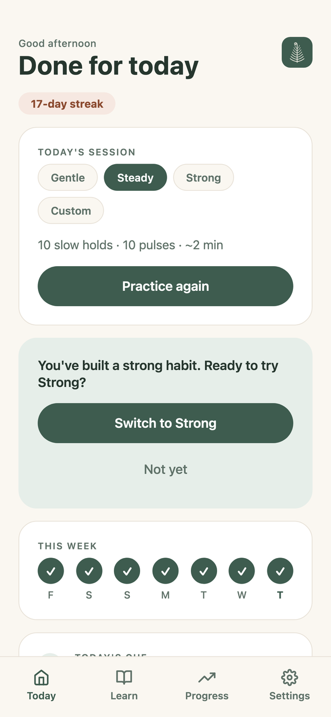 The Today screen with the session card and week strip