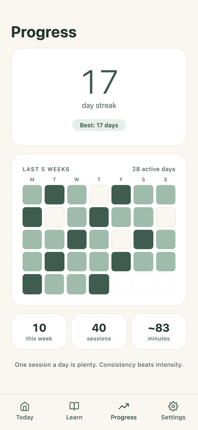 The Progress screen with a five-week practice heat map